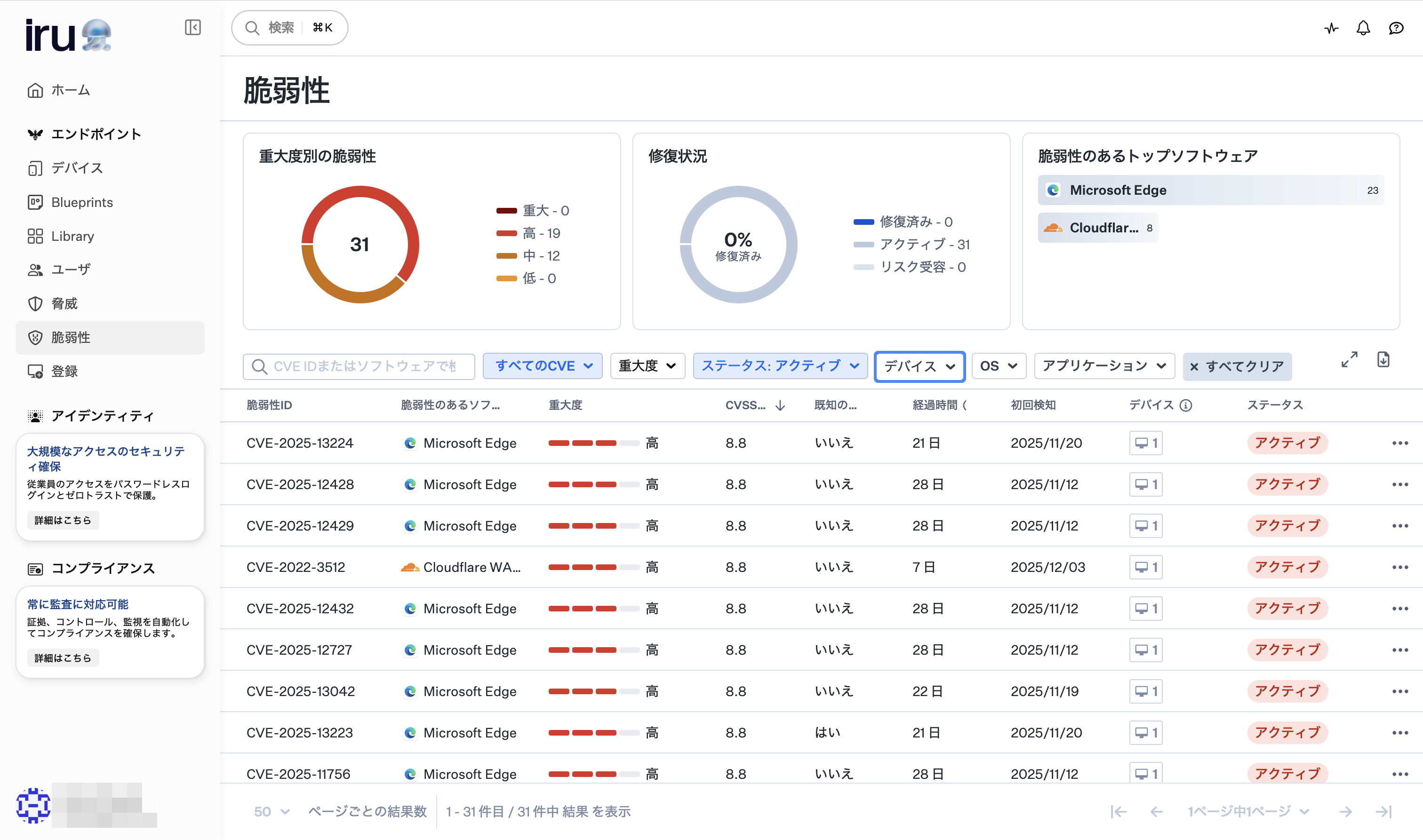 Iru管理コンソールで「脆弱性」を選択した画面
