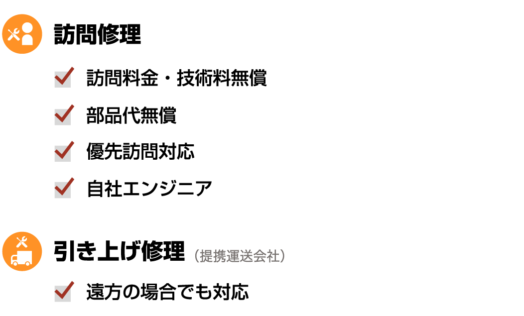 訪問修理 訪問料金・技術料無償 部門代無償 優先訪問対応 自社エンジニア 引き上げ修理（提携運送会社）遠方の場合でも対応