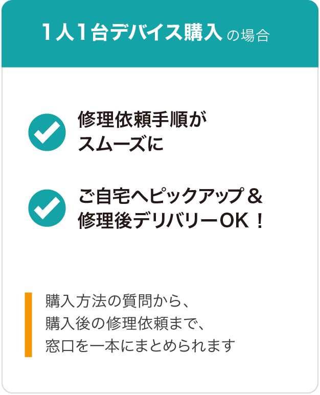 1人1台デバイス購入の場合 修理依頼手順がスムーズに ご自宅へピックアップ&修理後デリバリーOK！ 購入方法の質問から、購入後の修理依頼まで、窓口を一本にまとめられます