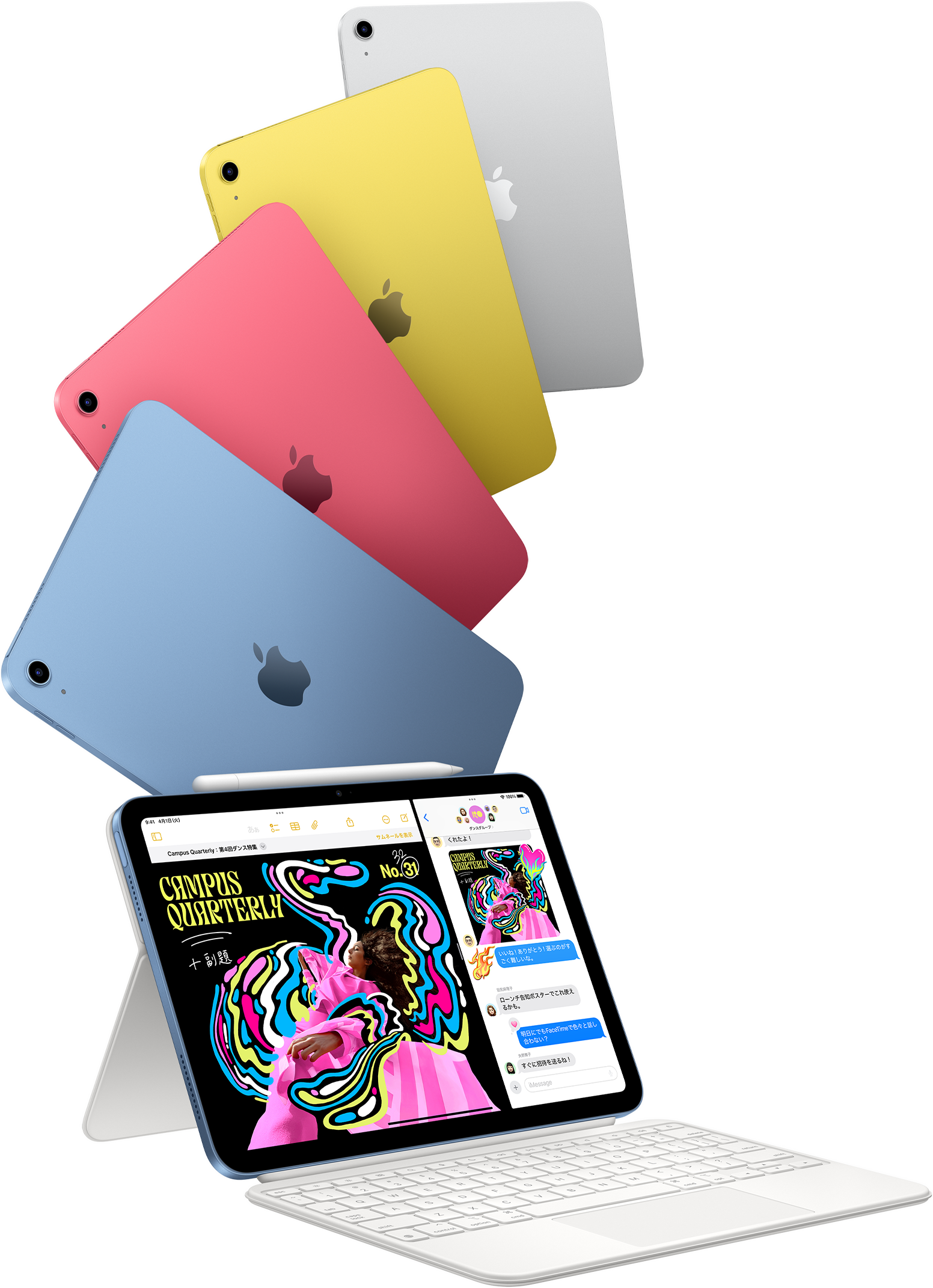 iPad in blue, pink, yellow, and silver colors and one iPad attached to the Magic Keyboard Folio.