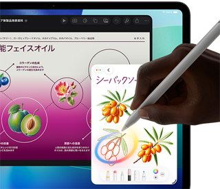 iPad Proの前面の外観、ディスプレイにはダークブルーとグリーンのグラデーションがかかった背景が表示され、複数のアプリが開いている。Apple Pencil Proを持った手がスケッチを円で囲み、Apple Intelligenceの画像マジックワンド機能を示している