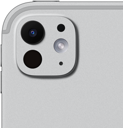 iPad Proの背面の外観、カラーはシルバー、5枚構成のレンズとアダプティブTrue Toneフラッシュを備えたProのカメラシステム