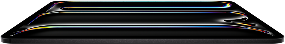 iPad Proの前面の外観、カラーはスペースブラック、アルミニウムとガラスの筐体、薄いデザイン、後ろに傾いたディスプレイにカラフルな線画が表示されている