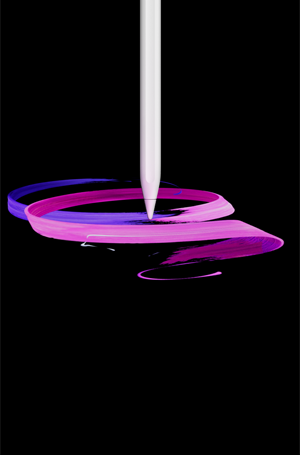 Apple Pencil Proの前面の外観、縦向き、側面のデザイン、カラーはホワイト、紫とピンクの抽象的なリボンを描いている