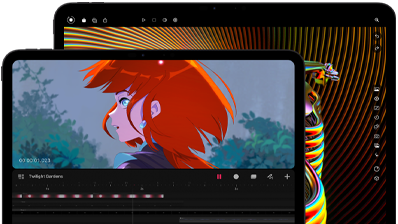 13インチiPad Proと11インチiPad Proの前面の外観、横向き、カラーはスペースブラック、丸みを帯びた四隅、ブラックのディスプレイベゼル、11インチのディスプレイには赤い髪のキャラクターのあざやかな画像が表示されている。13インチのディスプレイにはカラフルな写真編集インターフェイスの要素が表示されている