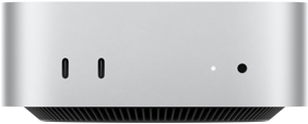 Mac miniの前面。2つのThunderboltポート、ステータスインジケータランプとヘッドフォンジャック、逆台形の形状をしたブラックのベース部、平らな上部、丸みを帯びた側面、直線的なエッジ。カラーはシルバー