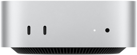Mac miniの前面。2つのThunderboltポート、ステータスインジケータランプとヘッドフォンジャック、逆台形の形状をしたブラックのベース部、平らな上部、丸みを帯びた側面、直線的なエッジ。カラーはシルバー