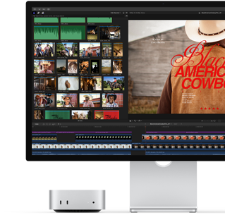 Studio Displayと組み合わせたMac mini。画面の右側に「Black American Cowboy」という映画のタイトル画面、左側に映像の静止画が複数表示されている