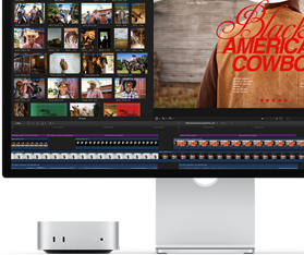 Studio Displayと組み合わせたMac mini。画面の右側に「Black American Cowboy」という映画のタイトル画面、左側に映像の静止画が複数表示されている
