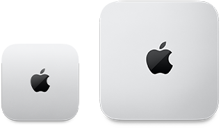2台のMac miniデバイスを上から見た図。シルバーのアルミニウム製、丸みを帯びた四隅、中央に光沢のあるブラックのAppleのロゴ。左側のデバイスが新発売の製品で、右側のデバイスの半分以下のサイズになっている