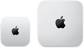 2台のMac miniデバイスを上から見た図。シルバーのアルミニウム製、丸みを帯びた四隅、中央に光沢のあるブラックのAppleのロゴ。左側のデバイスが新発売の製品で、右側のデバイスの半分以下のサイズになっている