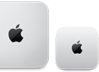 2台のMac miniデバイスを上から見た図。シルバーのアルミニウム製、丸みを帯びた四隅、中央に光沢のあるブラックのAppleのロゴ。左側のデバイスが新発売の製品で、右側のデバイスの半分以下のサイズになっている