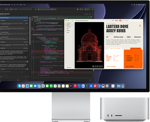 Studio Display XDRの画面に、XCodeのClaude Agentで作業中の書類が表示されている。隣にはMac Studioの前面が見えている