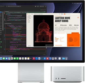 Studio Display XDRの画面に、XCodeのClaude Agentで作業中の書類が表示されている。隣にはMac Studioの前面が見えている