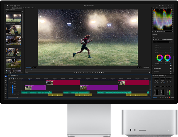 スタンドを搭載したStudio Display XDR。ディスプレイの下にMac Studioがすっきり収まっている。ビデオ編集とカラーグレーディングツールのワークフローが画面に表示されている