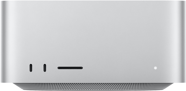 Mac Studioの前面、2つのUSB-Cポート、SDXCカードスロット、ステータスインジケータランプ、逆台形の形状をしたベース部、平らな上部、丸みを帯びた側面、直線的なエッジ、カラーはシルバー