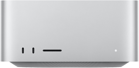 Mac Studioの前面、2つのUSB-Cポート、SDXCカードスロット、ステータスインジケータランプ、逆台形の形状をしたベース部、平らな上部、丸みを帯びた側面、直線的なエッジ、カラーはシルバー