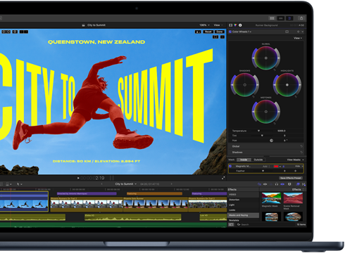 MacBook Airの画面の一部。M5チップの性能を示す、ビデオ編集の様子が映し出されている