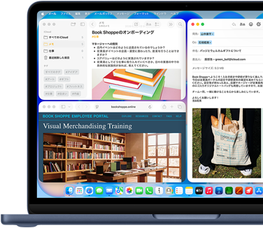 インディゴのMacBook Neo。ブックストアの新入社員に向けたウェルカムEメールを作成している様子が画面に表示されている。タイル表示されたほかのウインドウには、オンボーディングに関するメモと、ブックストアの従業員向けポータルウェブサイトがSafariで表示されている