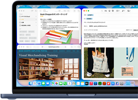 インディゴのMacBook Neo。ブックストアの新入社員に向けたウェルカムEメールを作成している様子が画面に表示されている。タイル表示されたほかのウインドウには、オンボーディングに関するメモと、ブックストアの従業員向けポータルウェブサイトがSafariで表示されている