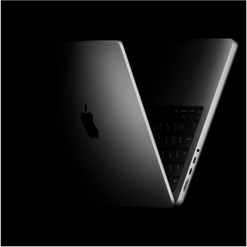 V字型に配置されたMacBook Pro。M5チップを表現している