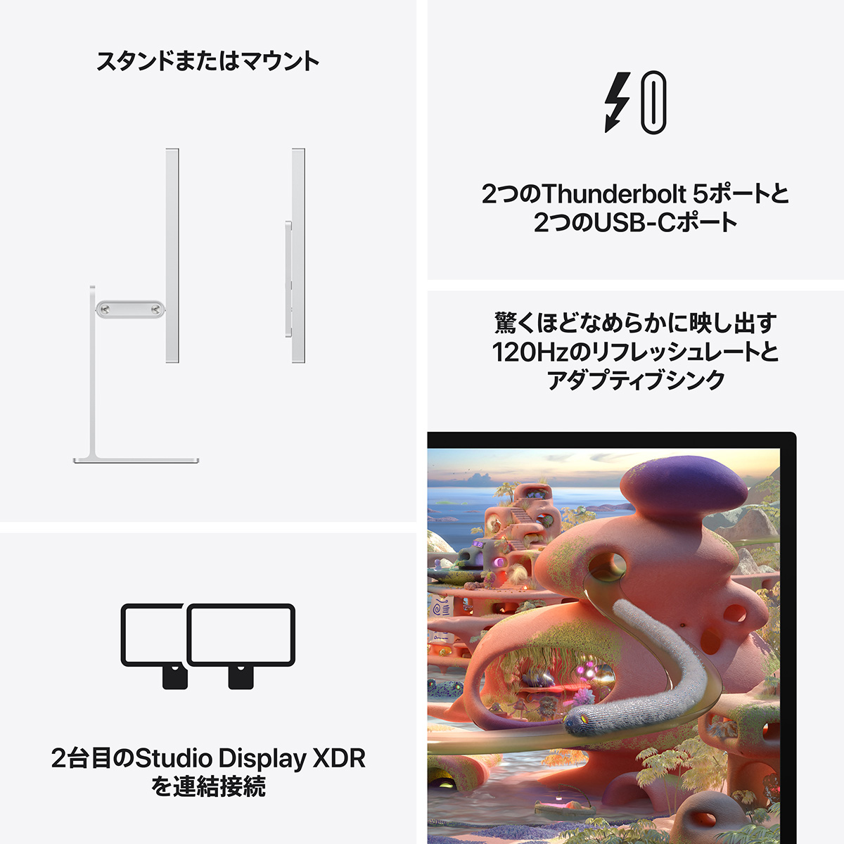 スタンドまたはマウント／2つのThandervoilt 5ポートと2つのUSB-Cポート／2台目のStudio Display XDRを連結接続／驚くほど滑らかに映し出す120Hzのリフレッシュレートとアダプティブシンク