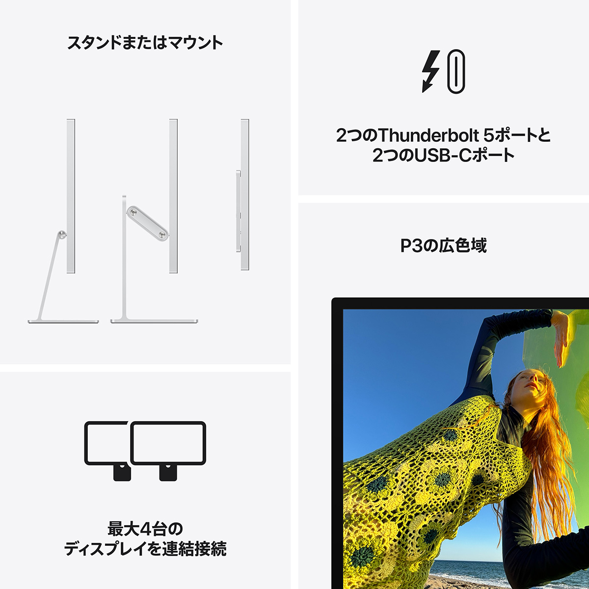 スタンドまたはマウント／2つのThandervoilt 5ポートと2つのUSB-Cポート／最大4台のディスプレイを連結接続／P3の広色域