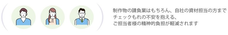 制作物の請負業はもちろん、自社の資材担当の方までチェックもれの不安を抱える、ご担当者様の精神的負担を軽減されます。