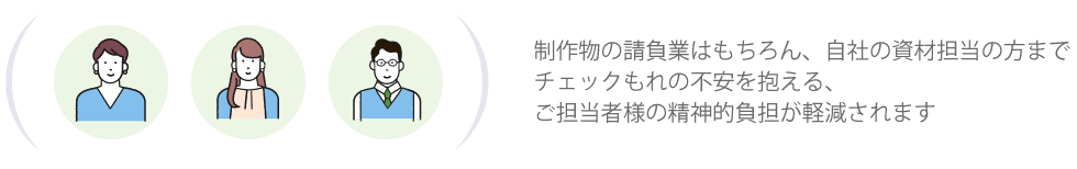 制作物の請負業はもちろん、自社の資材担当の方までチェックもれの不安を抱える、ご担当者様の精神的負担を軽減されます。