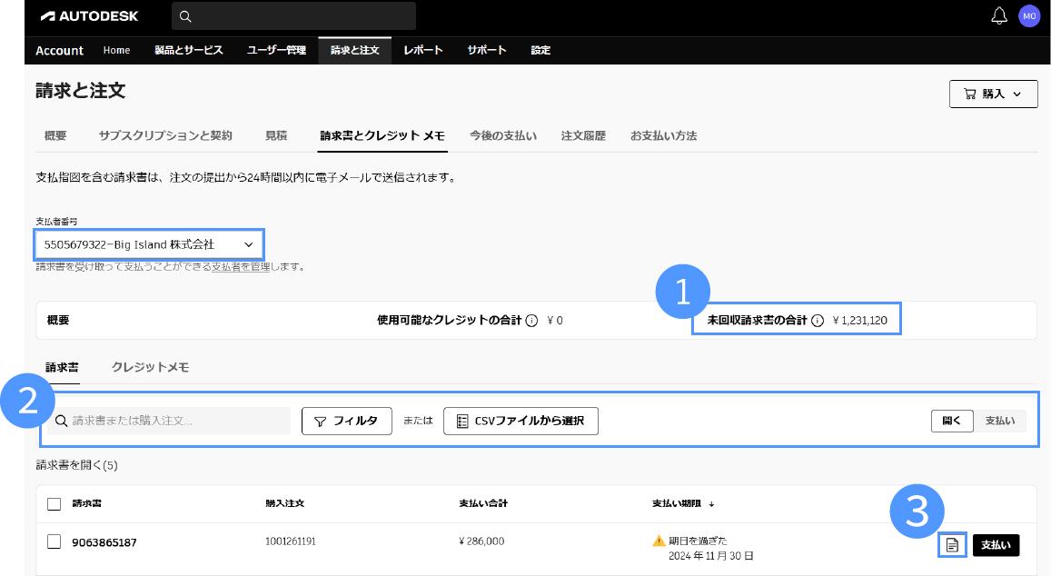 未払い請求書を検索する