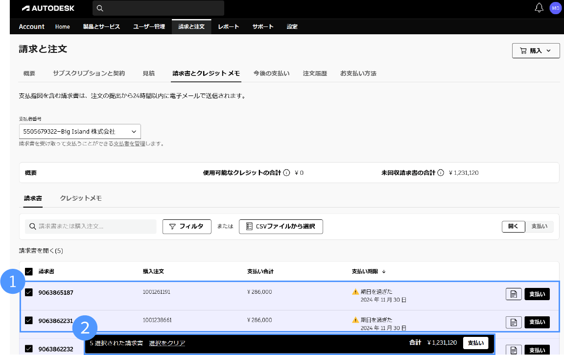 支払う請求書を複数選択する