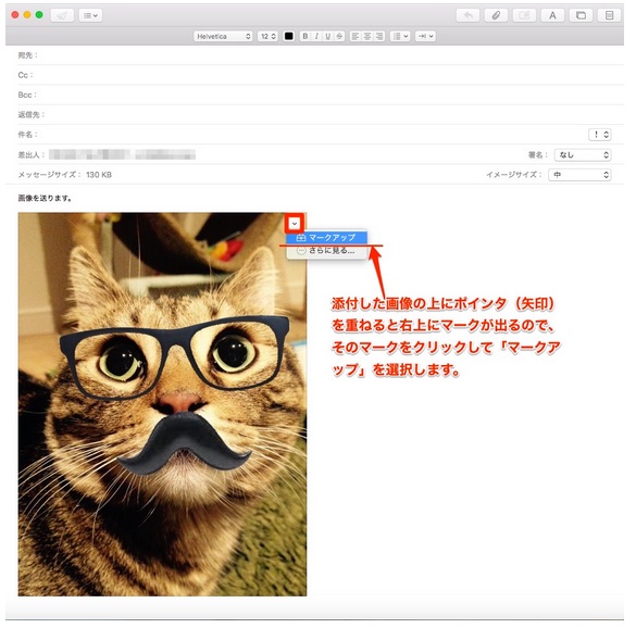 Apple メールで画像を添付した状態で、その画像にキャプションや絵を