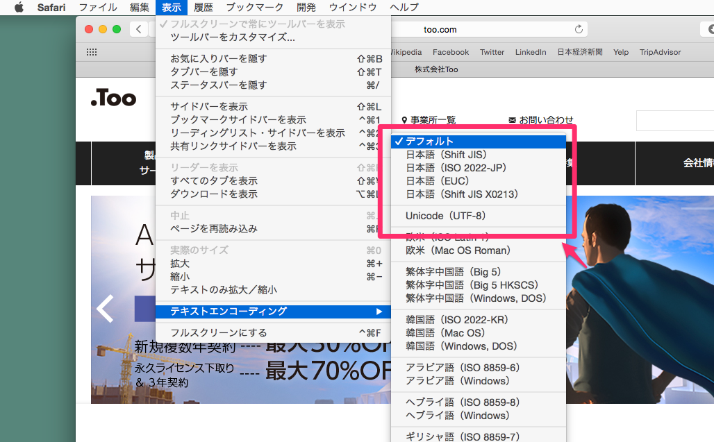 Safari でwebサイトを開くと 文字化けします Too クリエイターズfaq 株式会社too